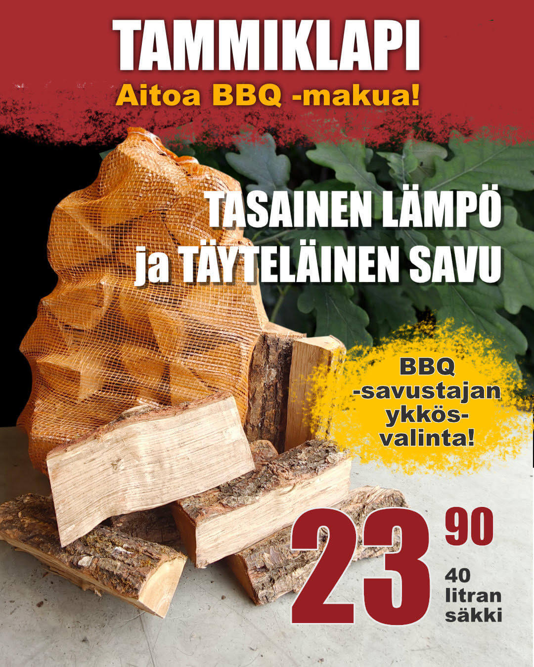 40 litran säkki tammiklapeja BBQ-savustukseen smokerin polttopuuksi